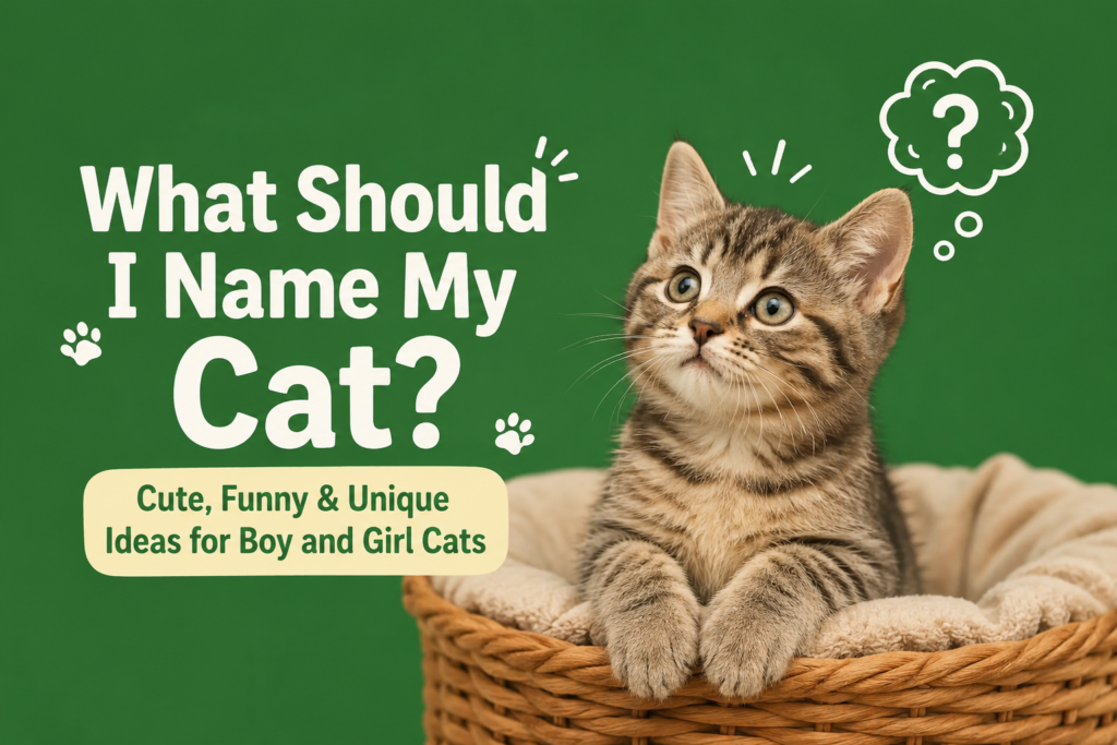 A cute tabby kitten sitting in a woven basket against a green background with the text "What Should I Name My Cat? Cute, Funny & Unique Ideas for Boy and Girl Cats.